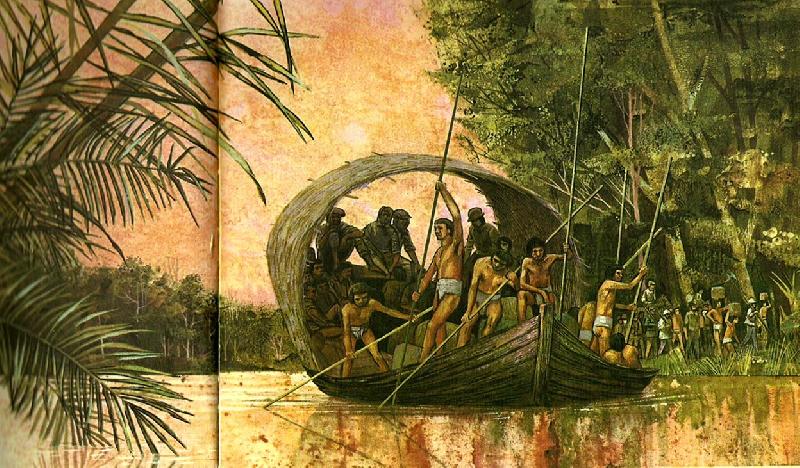 unknow artist det var med den baten som prellano och hans 50 foljeslagare gjorde sin fard till amazonflodens mynning Sweden oil painting art